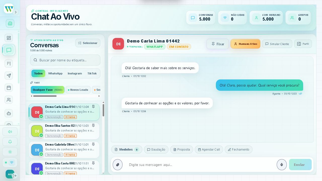 Recorte real da central de conversas do CRM Wiks, em tema claro